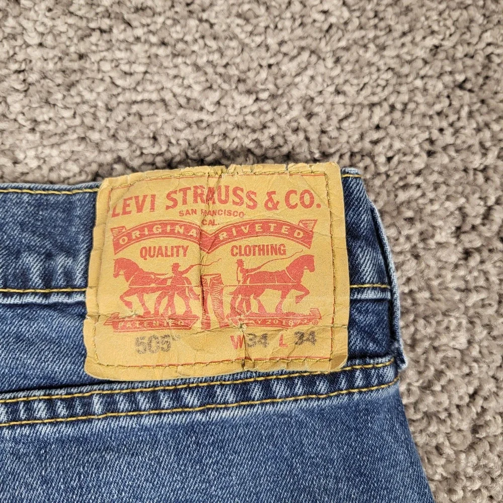 Levi's 505 Regular Fit Jeans Mens 34x34 Blue Distressed Straight Leg‎ Denim